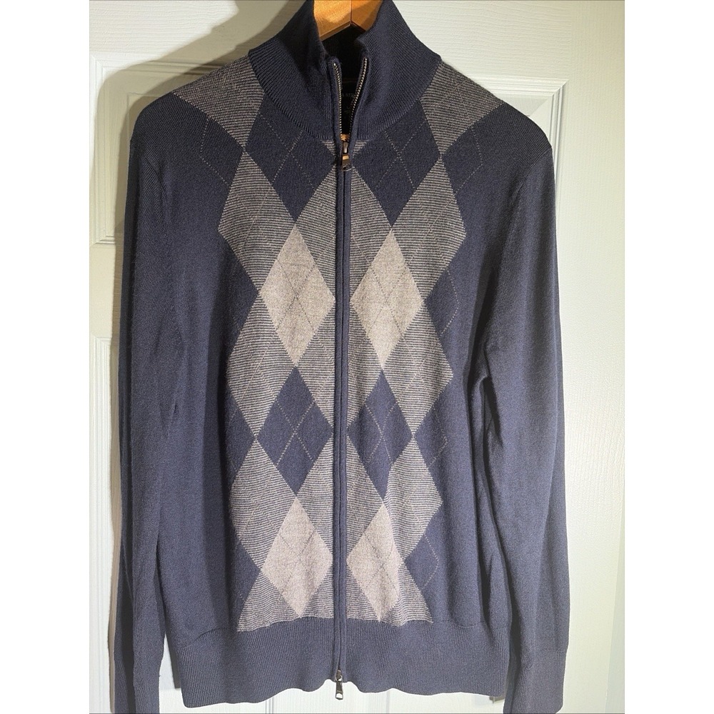 Banana Republic Mens Sz L Merino Wool Argyle Full Zip Moc Neck Sweater Cardigan